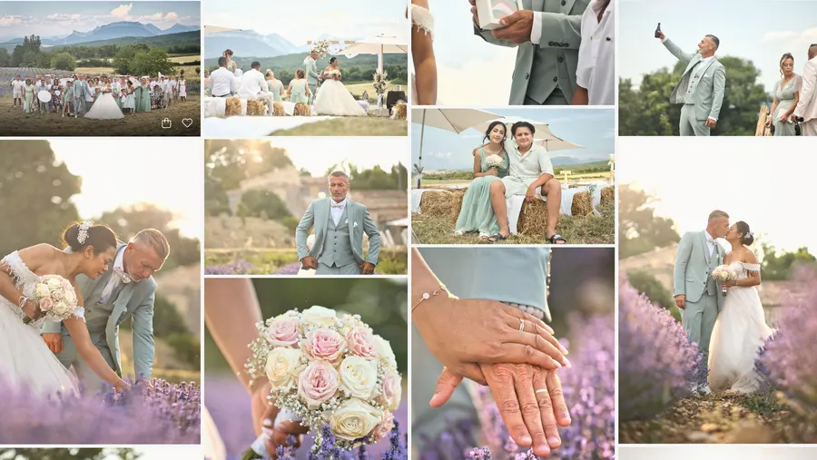 Mosaïque de photos de mariage dans les champs de lavande