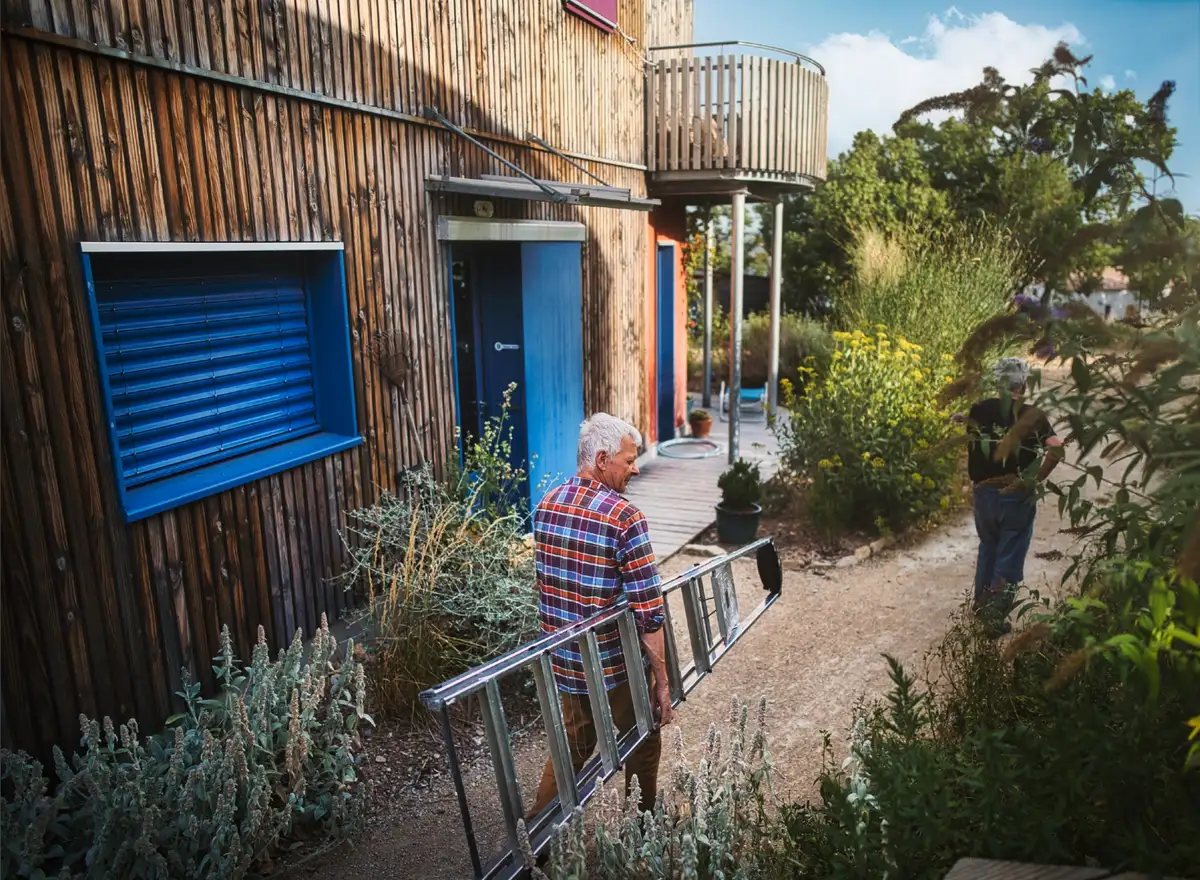 Un habitant devant une maison aux volets bleus
